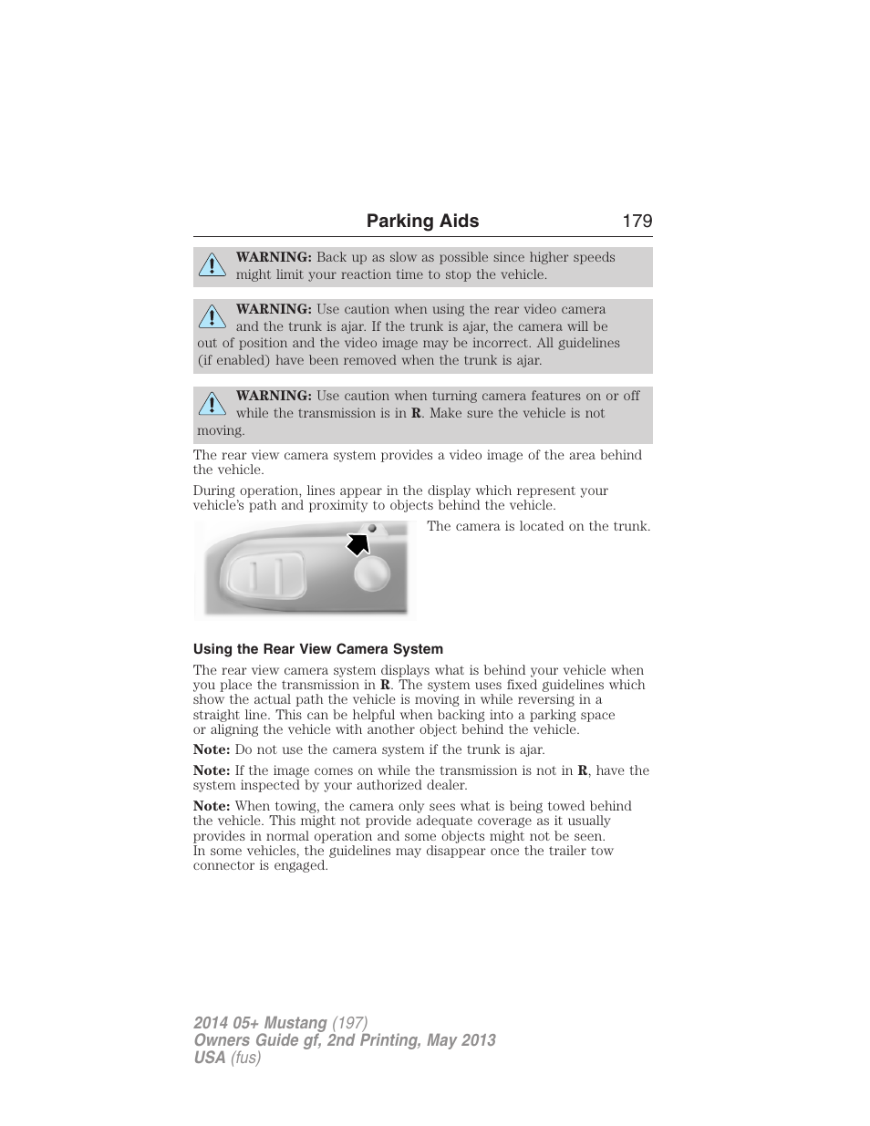 Using the rear view camera system, Parking aids 179 | FORD 2014 Mustang v.2 User Manual | Page 180 / 455