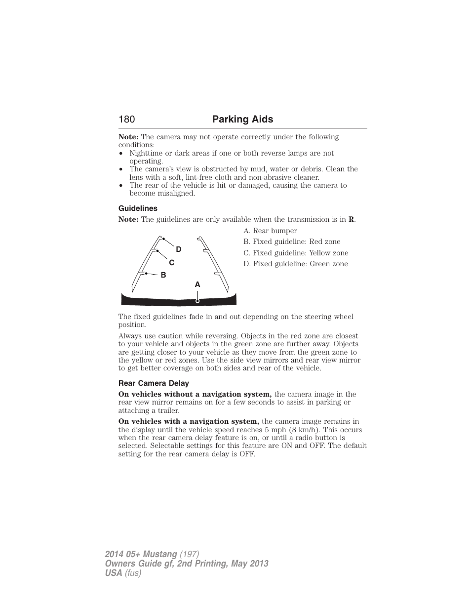 Guidelines, Rear camera delay, 180 parking aids | FORD 2014 Mustang v.2 User Manual | Page 181 / 455