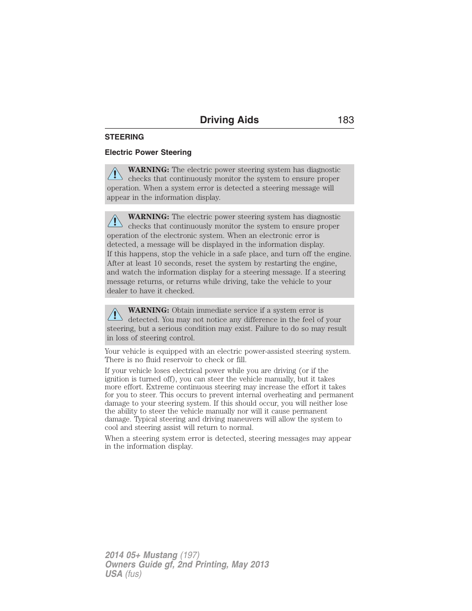 Driving aids, Steering, Electric power steering | Driving aids 183 | FORD 2014 Mustang v.2 User Manual | Page 184 / 455