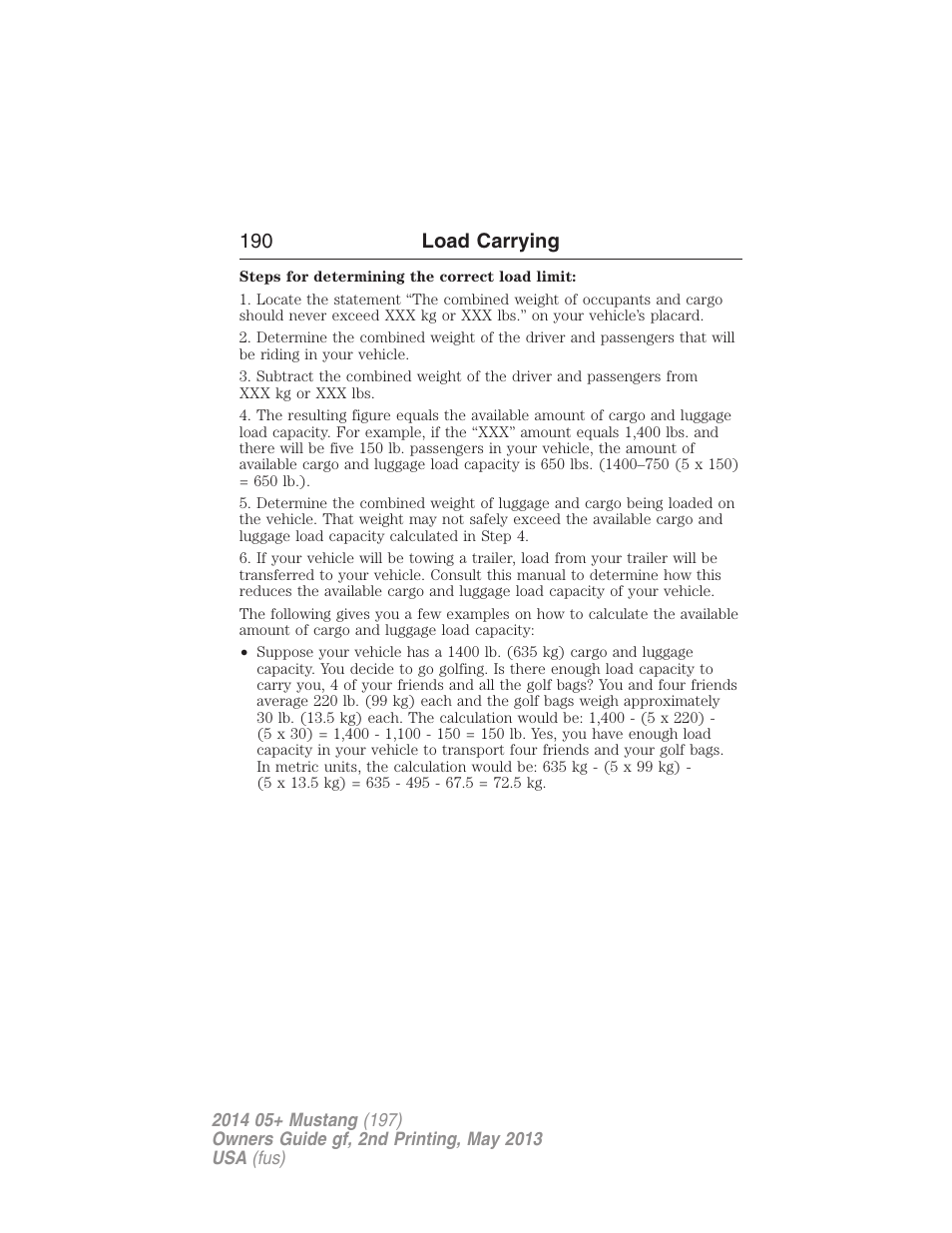 190 load carrying | FORD 2014 Mustang v.2 User Manual | Page 191 / 455