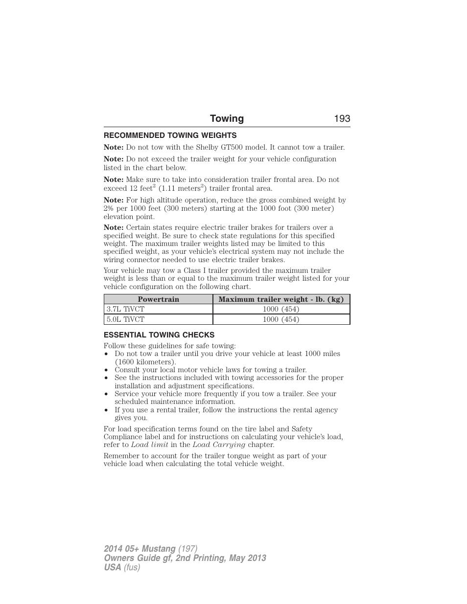 Recommended towing weights, Essential towing checks, Towing 193 | FORD 2014 Mustang v.2 User Manual | Page 194 / 455