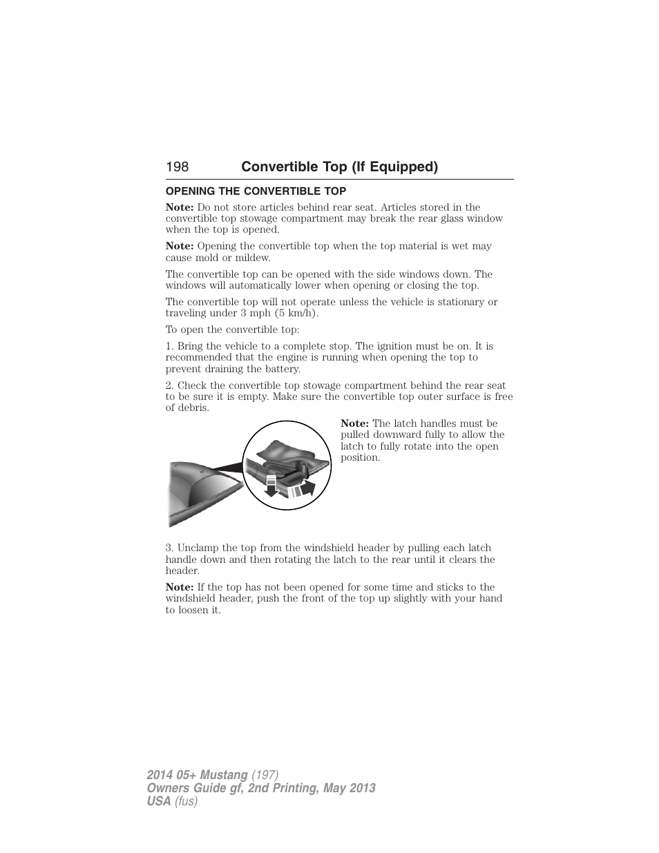 Convertible top (if equipped), Opening the convertible top, 198 convertible top (if equipped) | FORD 2014 Mustang v.2 User Manual | Page 199 / 455