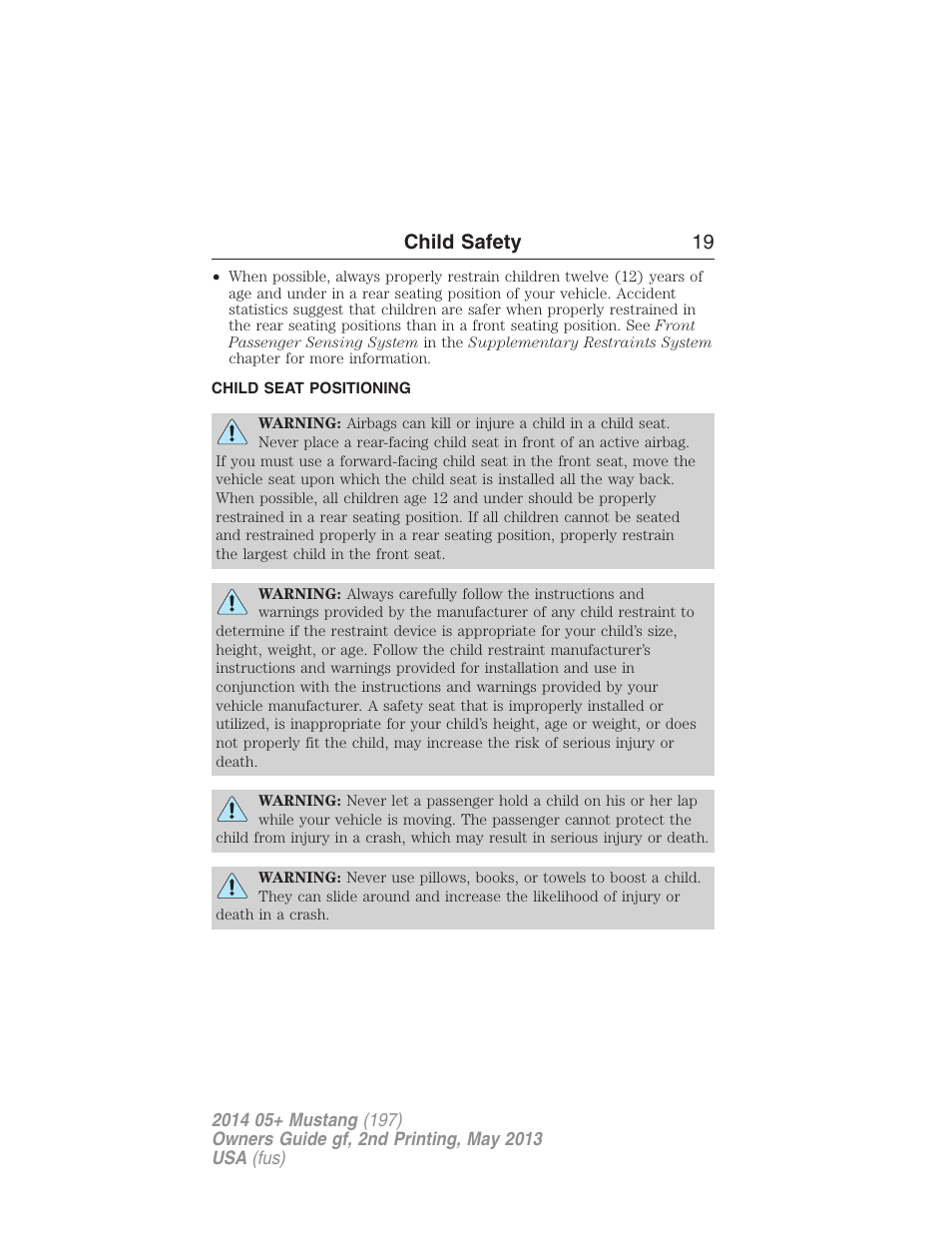 Child seat positioning, Child safety 19 | FORD 2014 Mustang v.2 User Manual | Page 20 / 455