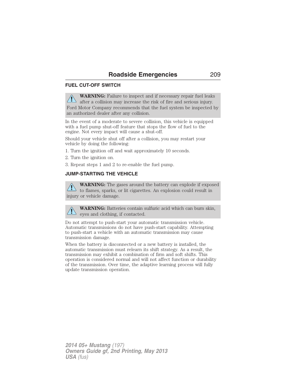 Fuel cut-off switch, Jump-starting the vehicle, Roadside emergencies 209 | FORD 2014 Mustang v.2 User Manual | Page 210 / 455