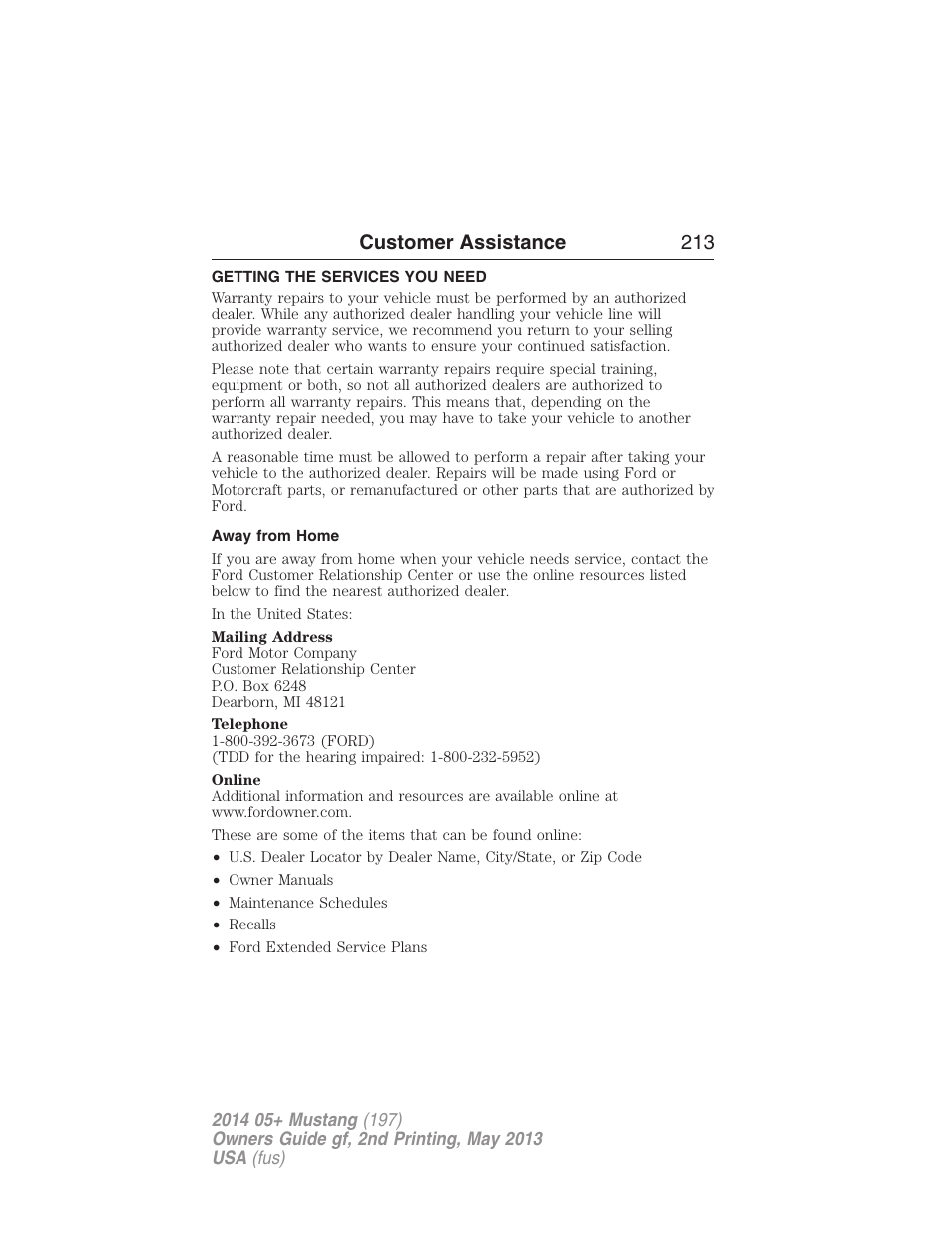 Customer assistance, Getting the services you need, Away from home | Customer assistance 213 | FORD 2014 Mustang v.2 User Manual | Page 214 / 455