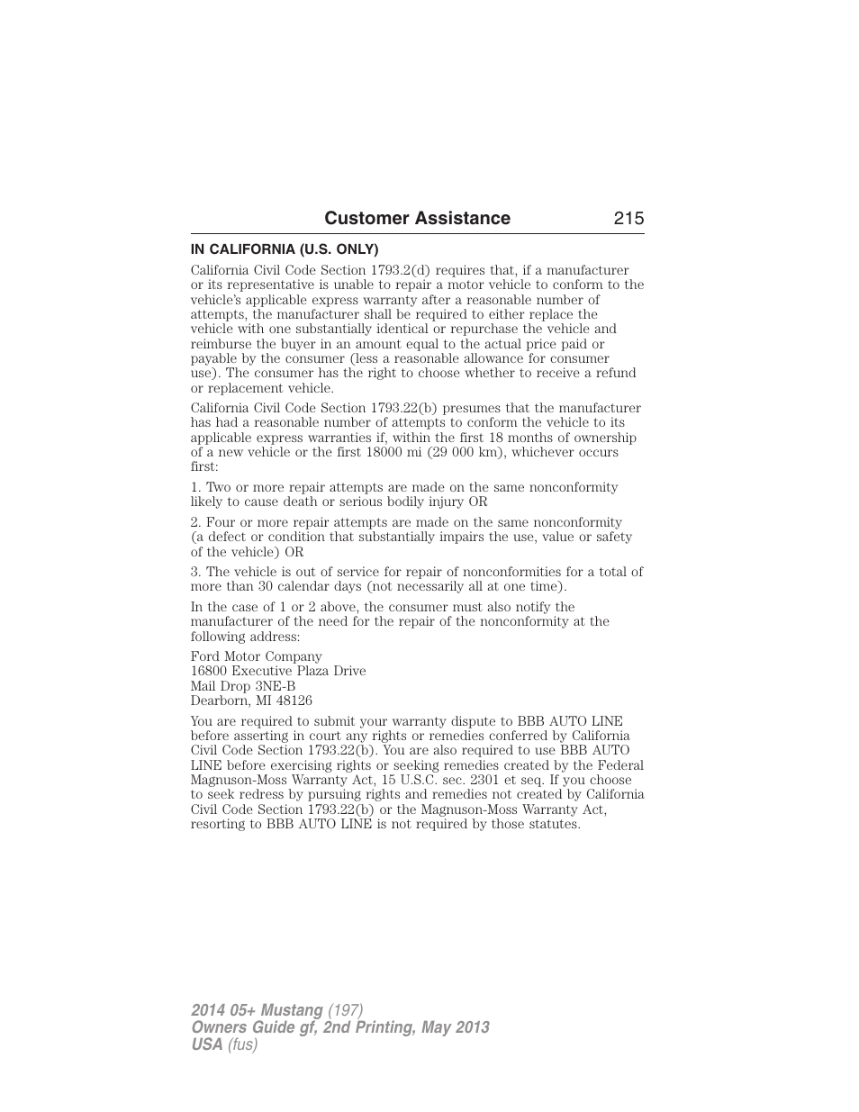 In california (u.s. only), Customer assistance 215 | FORD 2014 Mustang v.2 User Manual | Page 216 / 455