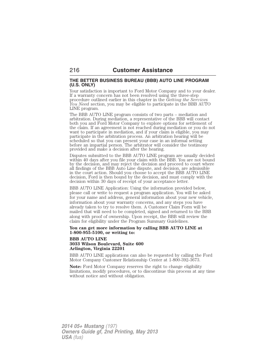 216 customer assistance | FORD 2014 Mustang v.2 User Manual | Page 217 / 455