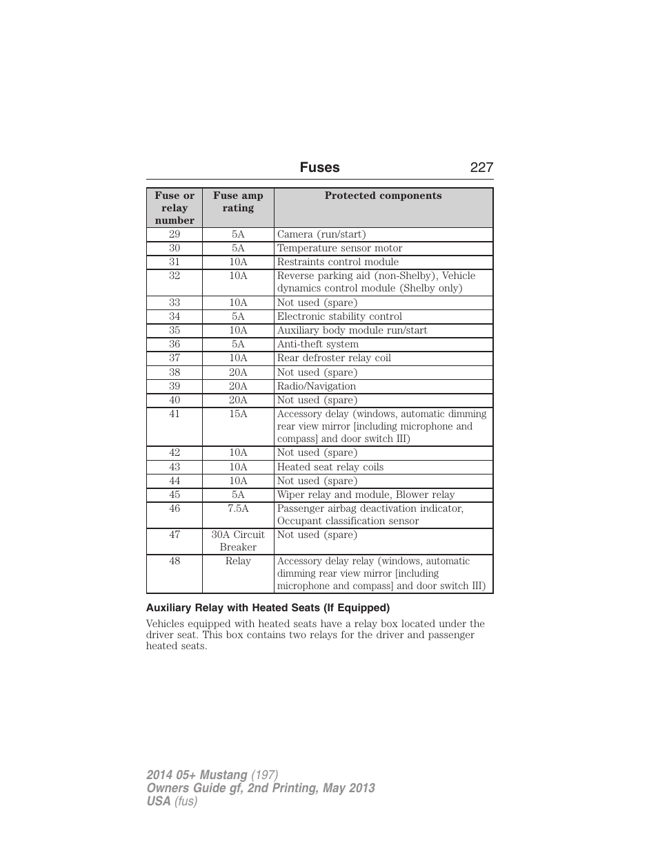 Auxiliary relay with heated seats (if equipped), Fuses 227 | FORD 2014 Mustang v.2 User Manual | Page 228 / 455