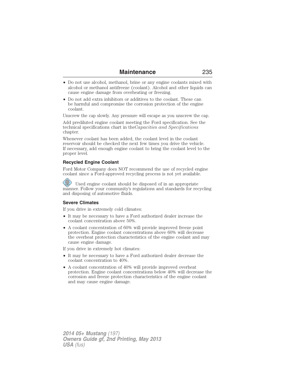 Recycled engine coolant, Severe climates, Maintenance 235 | FORD 2014 Mustang v.2 User Manual | Page 236 / 455