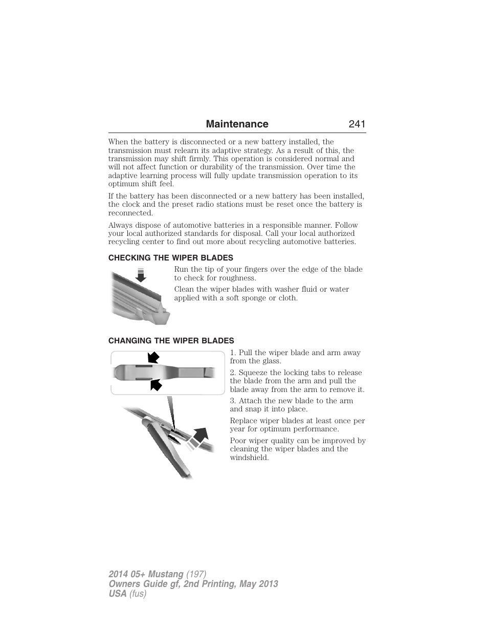 Checking the wiper blades, Changing the wiper blades, Maintenance 241 | FORD 2014 Mustang v.2 User Manual | Page 242 / 455