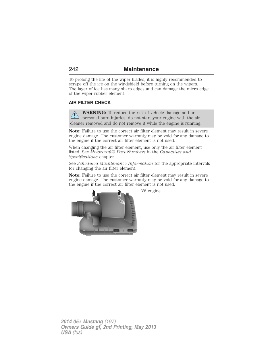 Air filter check, Air filter(s), 242 maintenance | FORD 2014 Mustang v.2 User Manual | Page 243 / 455