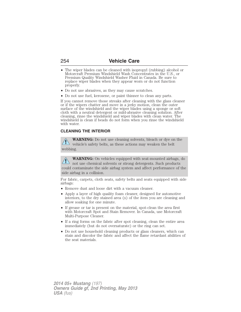 Cleaning the interior, 254 vehicle care | FORD 2014 Mustang v.2 User Manual | Page 255 / 455