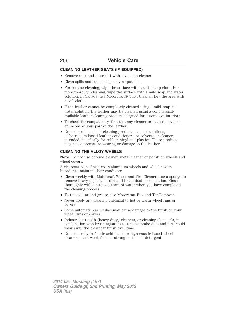 Cleaning leather seats (if equipped), Cleaning the alloy wheels, Cleaning leather seats | 256 vehicle care | FORD 2014 Mustang v.2 User Manual | Page 257 / 455