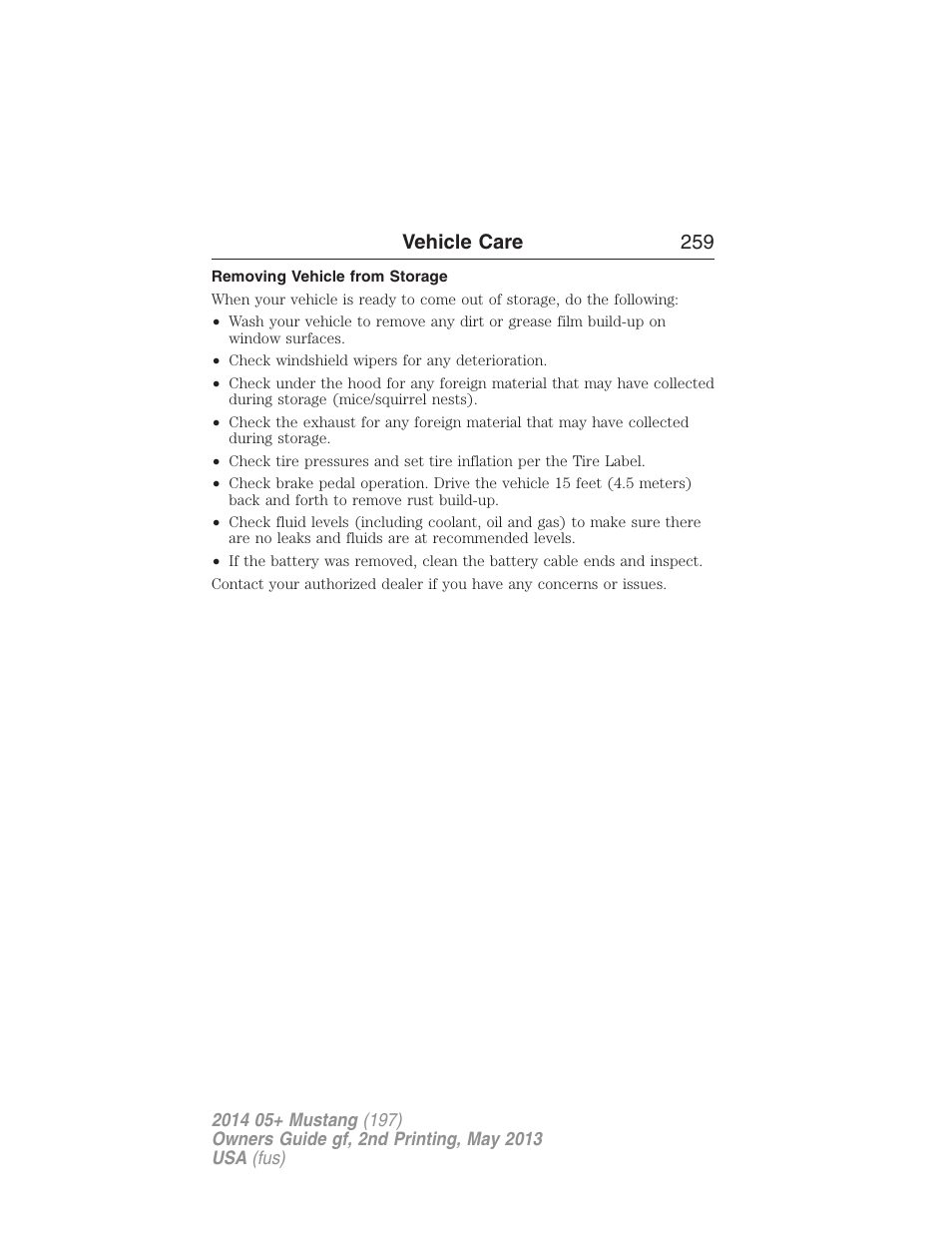 Removing vehicle from storage, Vehicle care 259 | FORD 2014 Mustang v.2 User Manual | Page 260 / 455