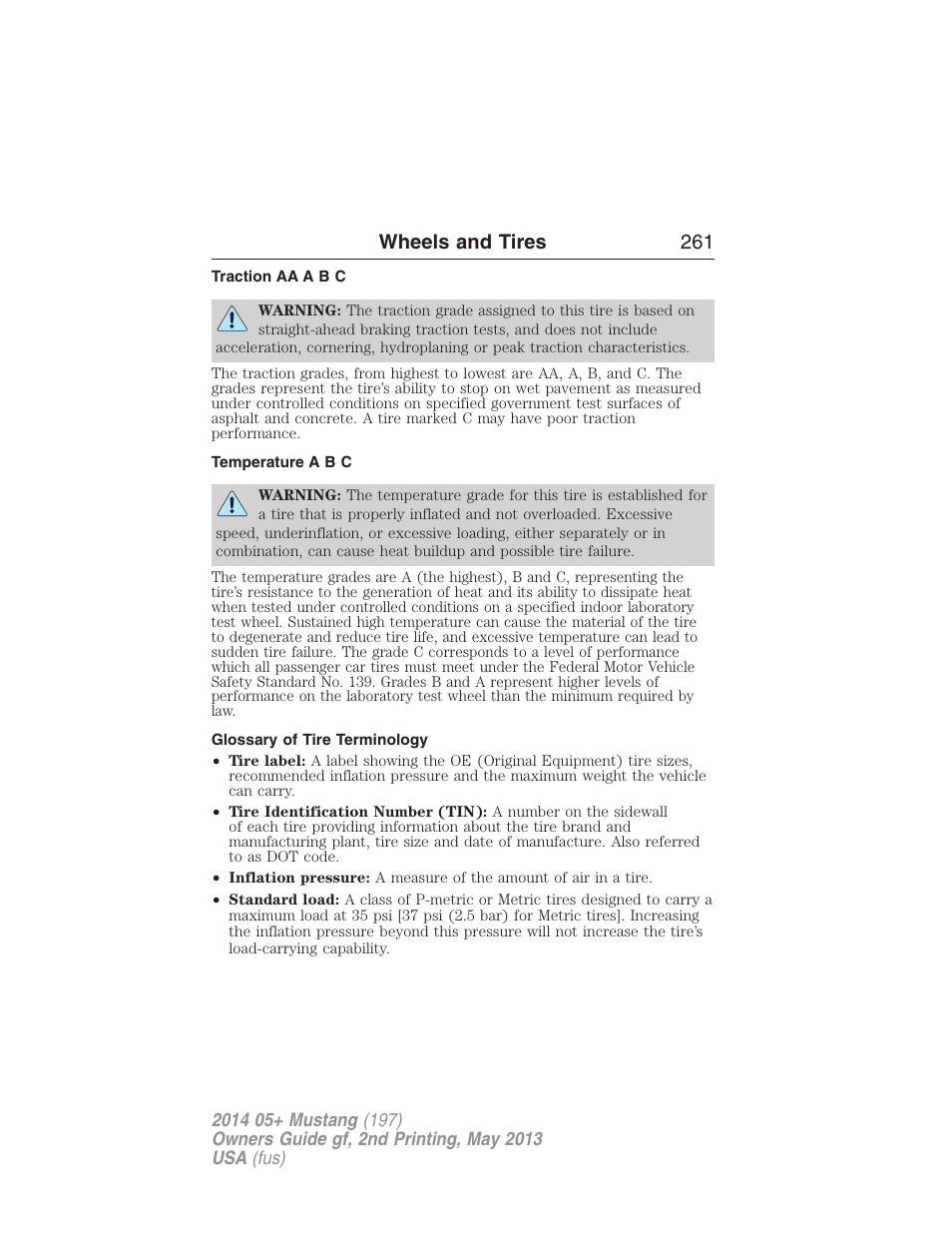 Traction aa a b c, Temperature a b c, Glossary of tire terminology | Wheels and tires 261 | FORD 2014 Mustang v.2 User Manual | Page 262 / 455