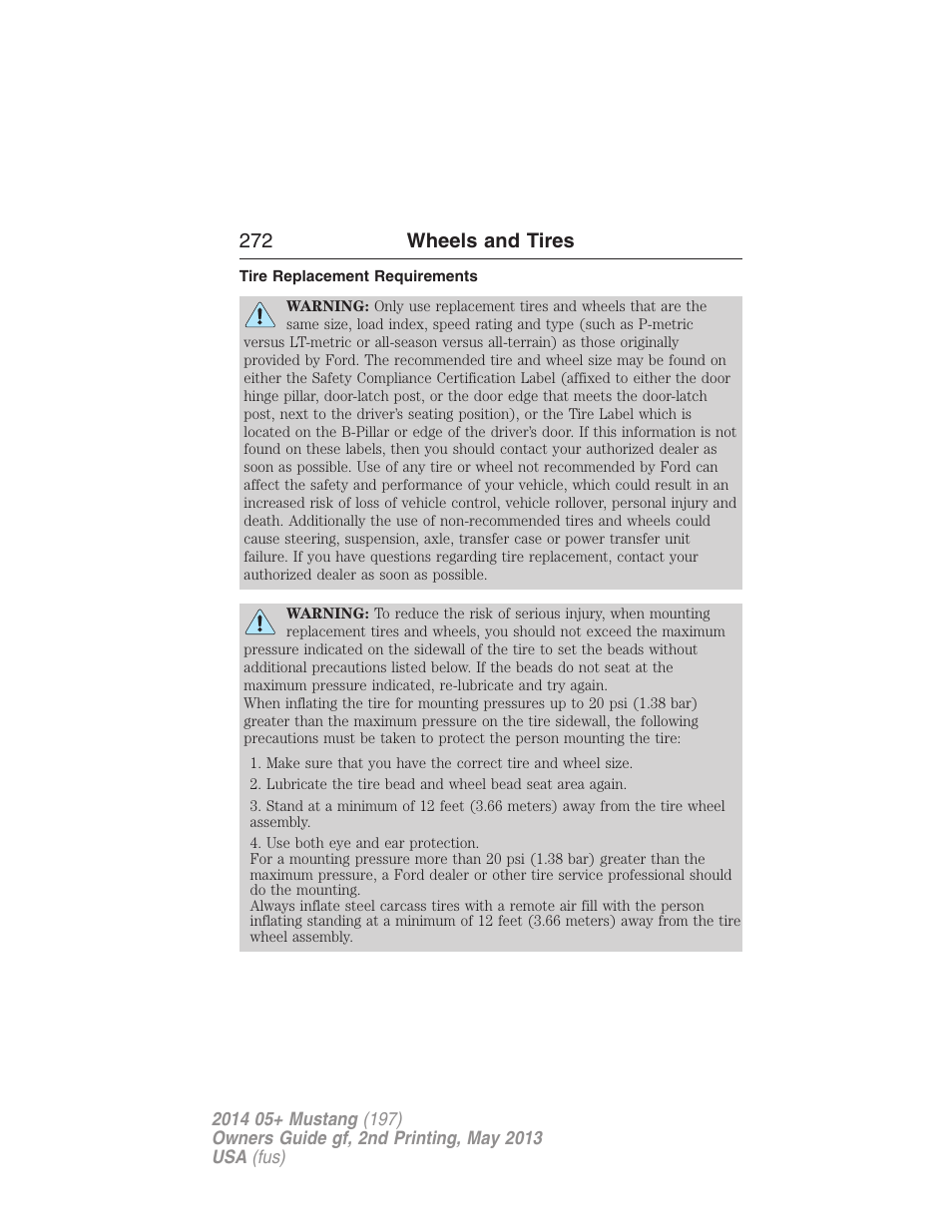 Tire replacement requirements, 272 wheels and tires | FORD 2014 Mustang v.2 User Manual | Page 273 / 455