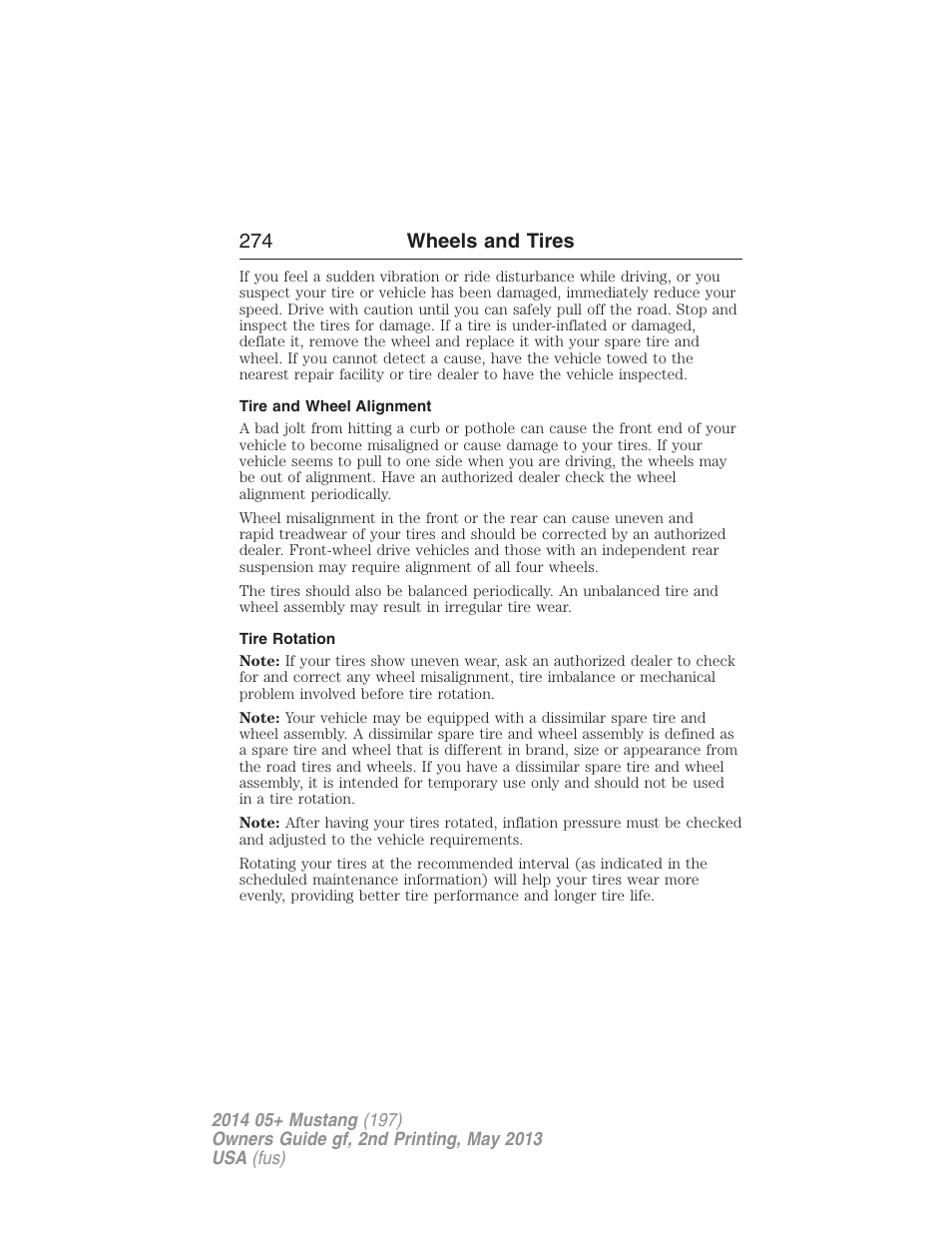 Tire and wheel alignment, Tire rotation, 274 wheels and tires | FORD 2014 Mustang v.2 User Manual | Page 275 / 455
