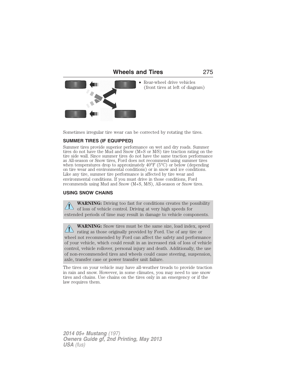 Summer tires (if equipped), Using snow chains, Wheels and tires 275 | FORD 2014 Mustang v.2 User Manual | Page 276 / 455