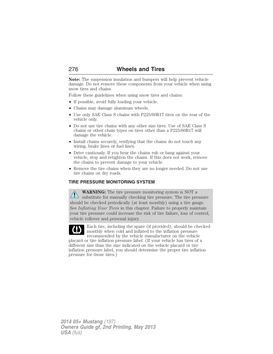 Tire pressure monitoring system, Tire pressure monitoring system (tpms), 276 wheels and tires | FORD 2014 Mustang v.2 User Manual | Page 277 / 455