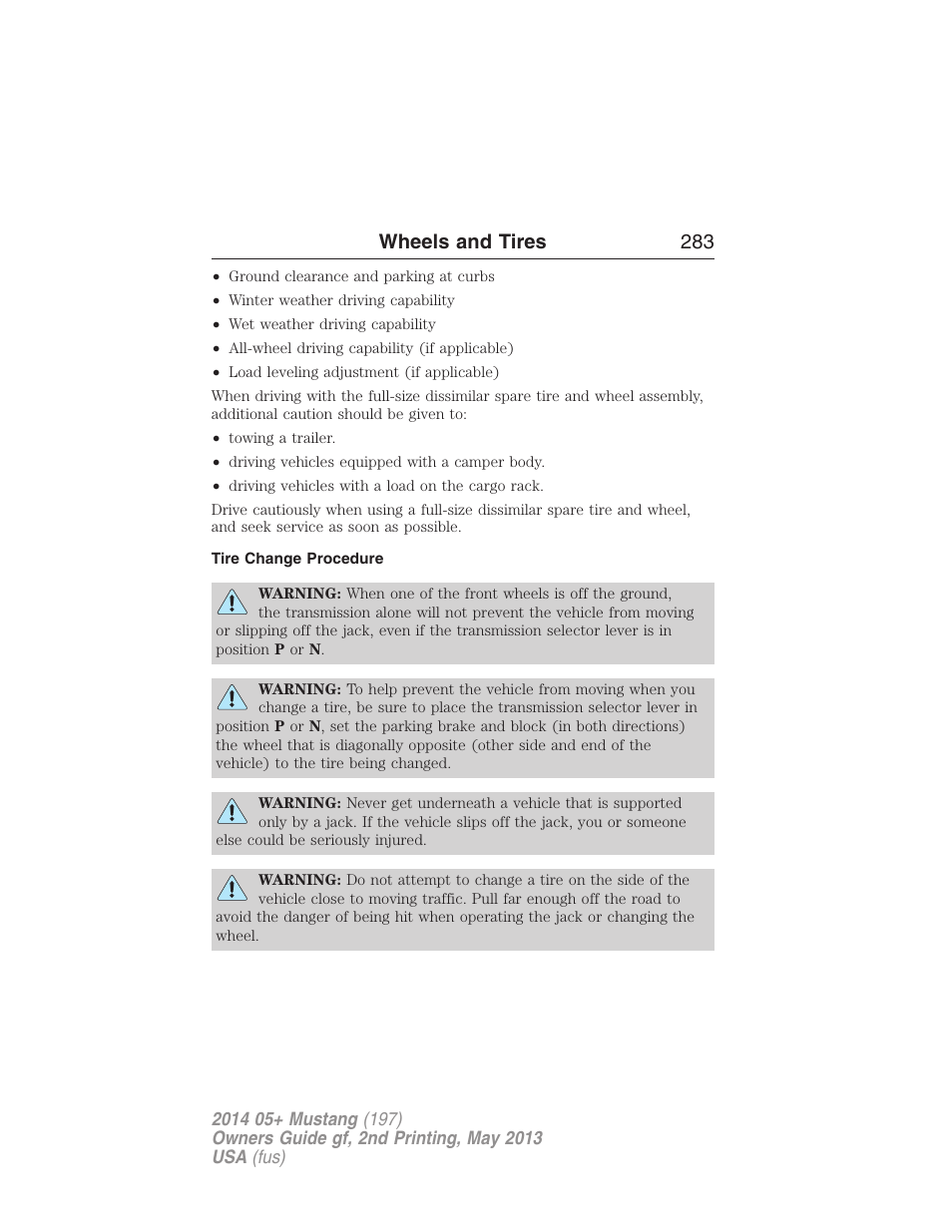 Tire change procedure, Wheels and tires 283 | FORD 2014 Mustang v.2 User Manual | Page 284 / 455