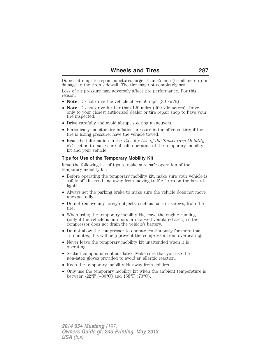 Tips for use of the temporary mobility kit, Wheels and tires 287 | FORD 2014 Mustang v.2 User Manual | Page 288 / 455