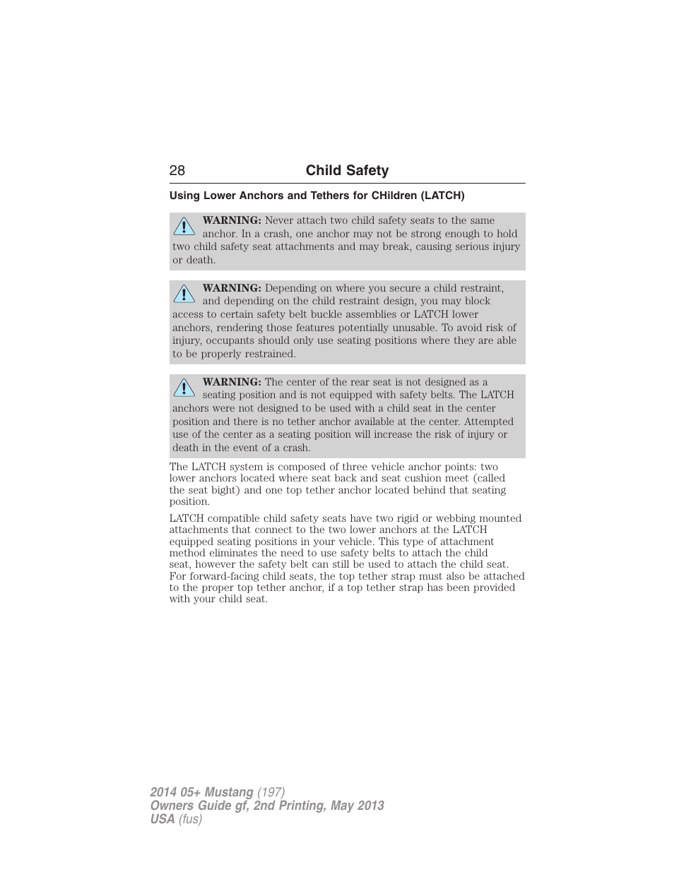 28 child safety | FORD 2014 Mustang v.2 User Manual | Page 29 / 455