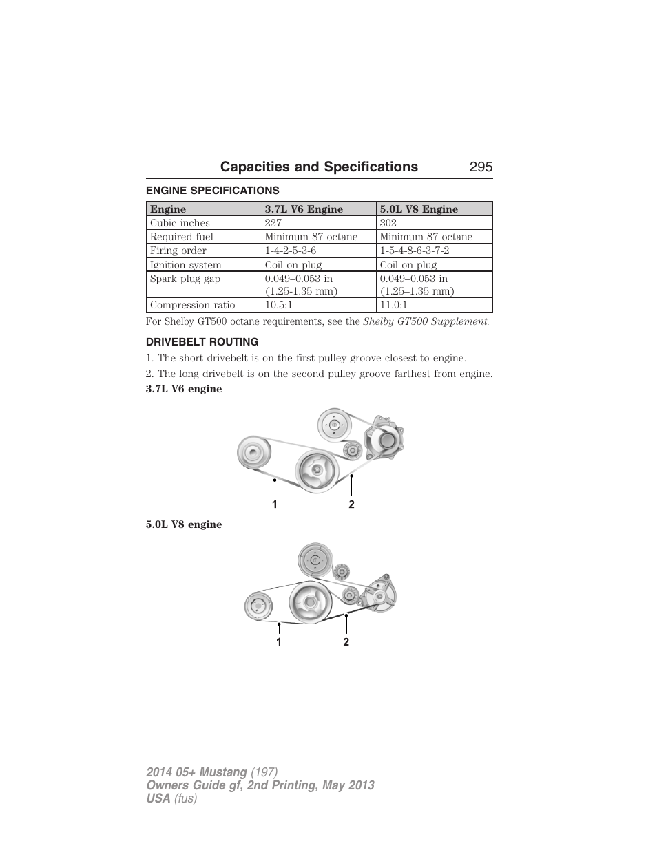 Capacities and specifications, Engine specifications, Drivebelt routing | Engine drivebelt, Capacities and specifications 295 | FORD 2014 Mustang v.2 User Manual | Page 296 / 455