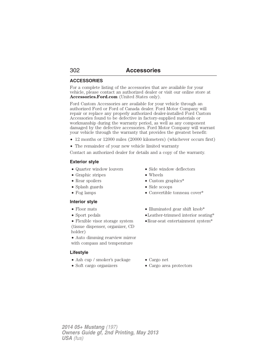 Accessories, Exterior style, Interior style | Lifestyle, 302 accessories | FORD 2014 Mustang v.2 User Manual | Page 303 / 455