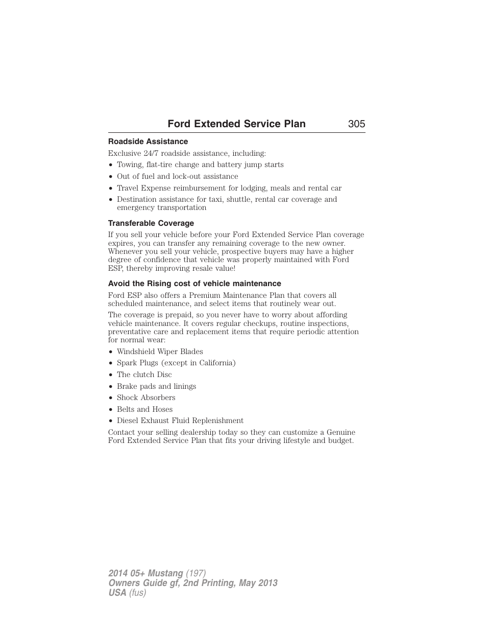 Roadside assistance, Transferable coverage, Avoid the rising cost of vehicle maintenance | Ford extended service plan 305 | FORD 2014 Mustang v.2 User Manual | Page 306 / 455