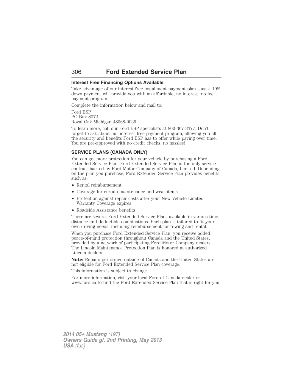 Interest free financing options available, Service plans (canada only), 306 ford extended service plan | FORD 2014 Mustang v.2 User Manual | Page 307 / 455