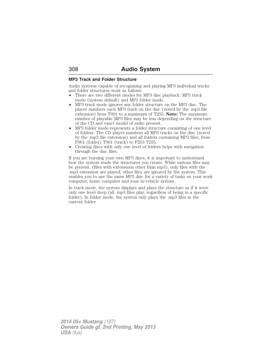 Mp3 track and folder structure, 308 audio system | FORD 2014 Mustang v.2 User Manual | Page 309 / 455