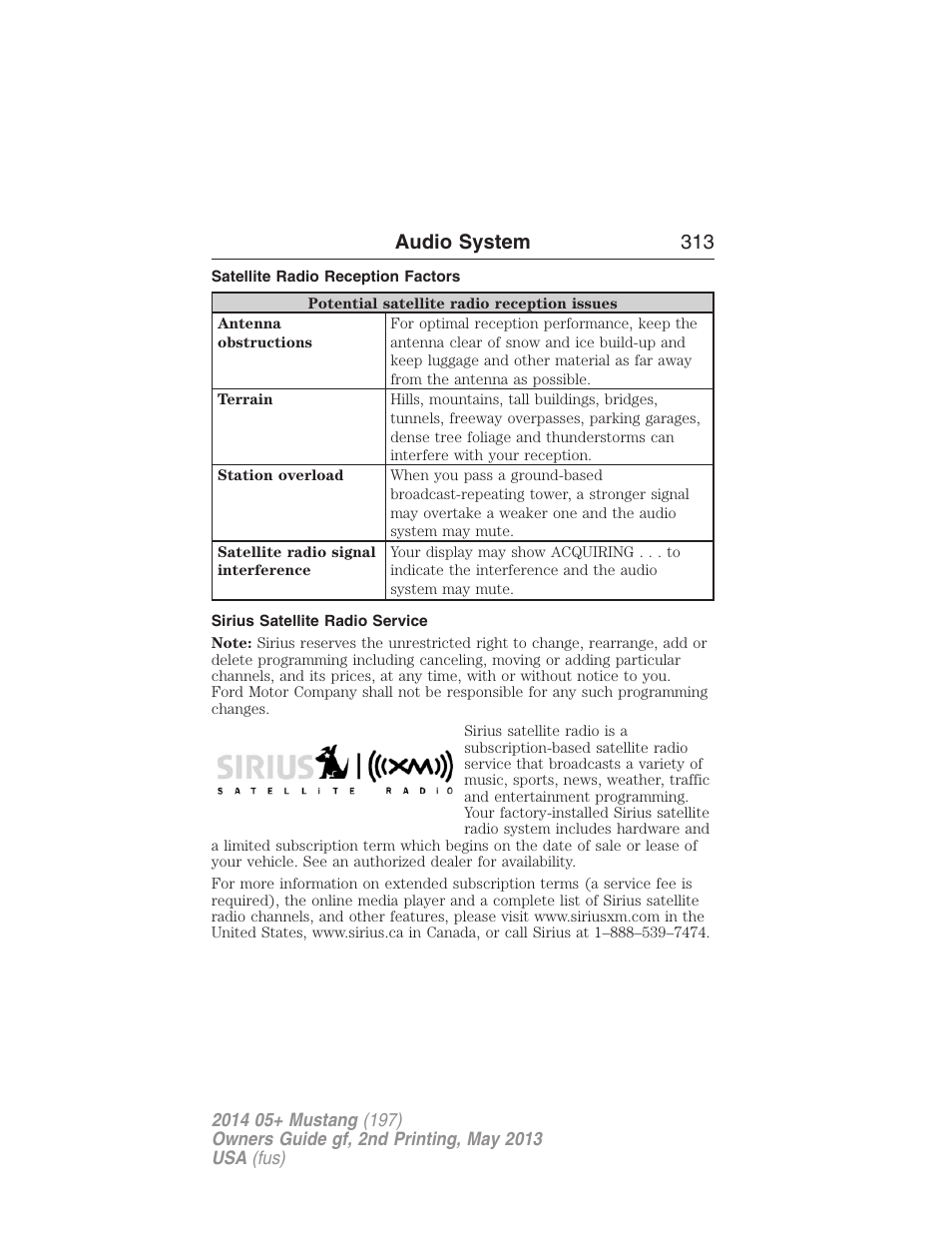 Satellite radio reception factors, Sirius satellite radio service, Audio system 313 | FORD 2014 Mustang v.2 User Manual | Page 314 / 455