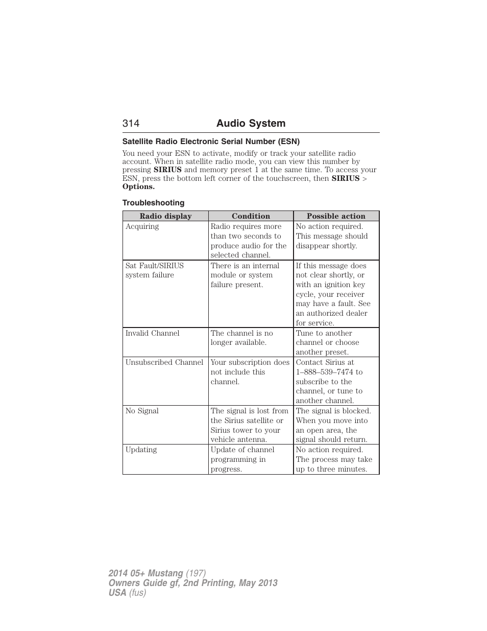 Satellite radio electronic serial number (esn), Troubleshooting, 314 audio system | FORD 2014 Mustang v.2 User Manual | Page 315 / 455