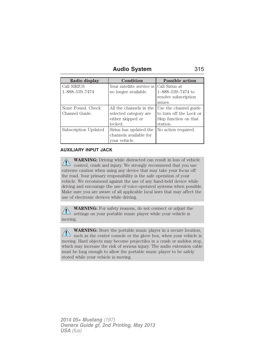 Auxiliary input jack, Audio system 315 | FORD 2014 Mustang v.2 User Manual | Page 316 / 455