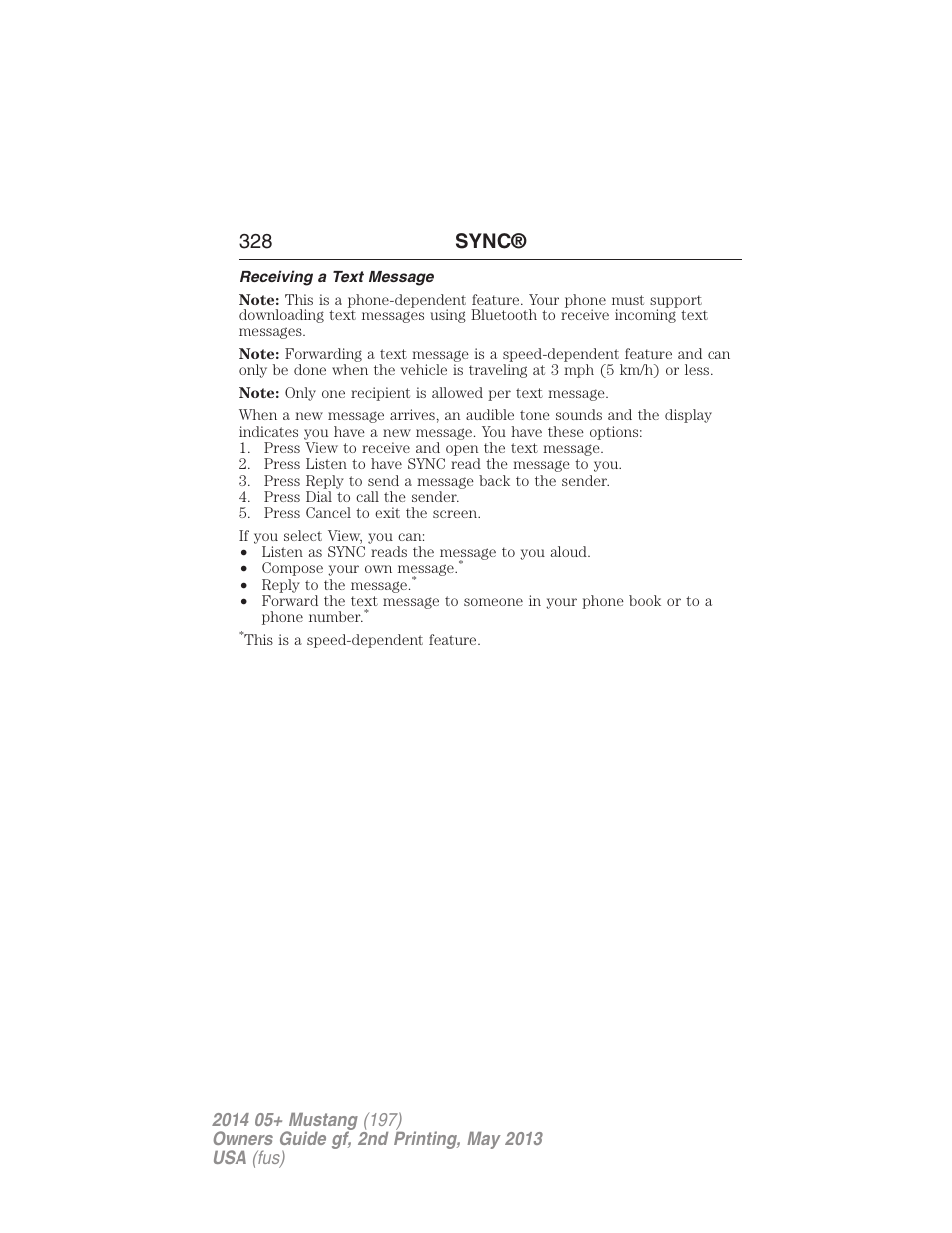 Receiving a text message, 328 sync | FORD 2014 Mustang v.2 User Manual | Page 329 / 455