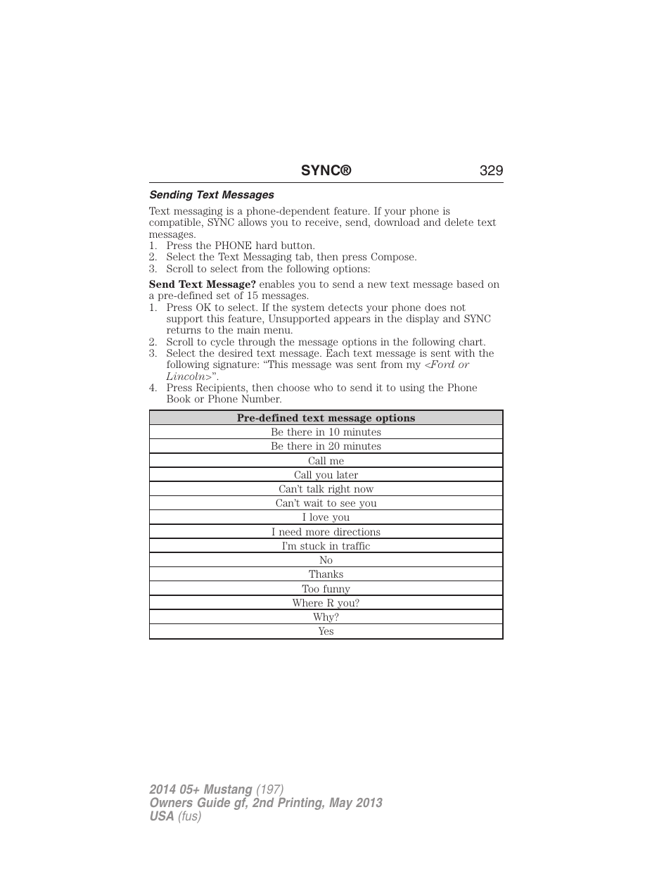 Sending text messages, Sync® 329 | FORD 2014 Mustang v.2 User Manual | Page 330 / 455