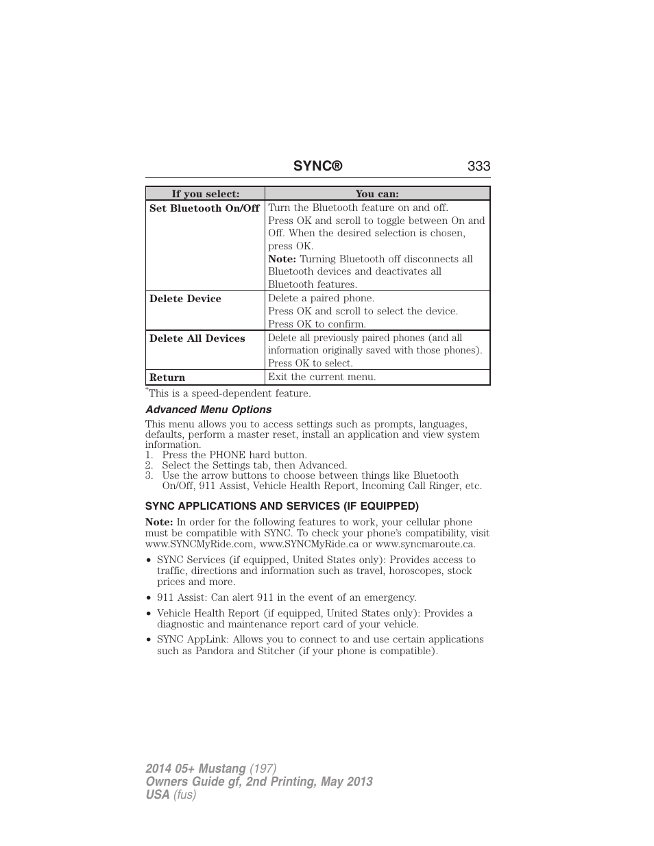 Advanced menu options, Sync applications and services (if equipped), Sync® 333 | FORD 2014 Mustang v.2 User Manual | Page 334 / 455