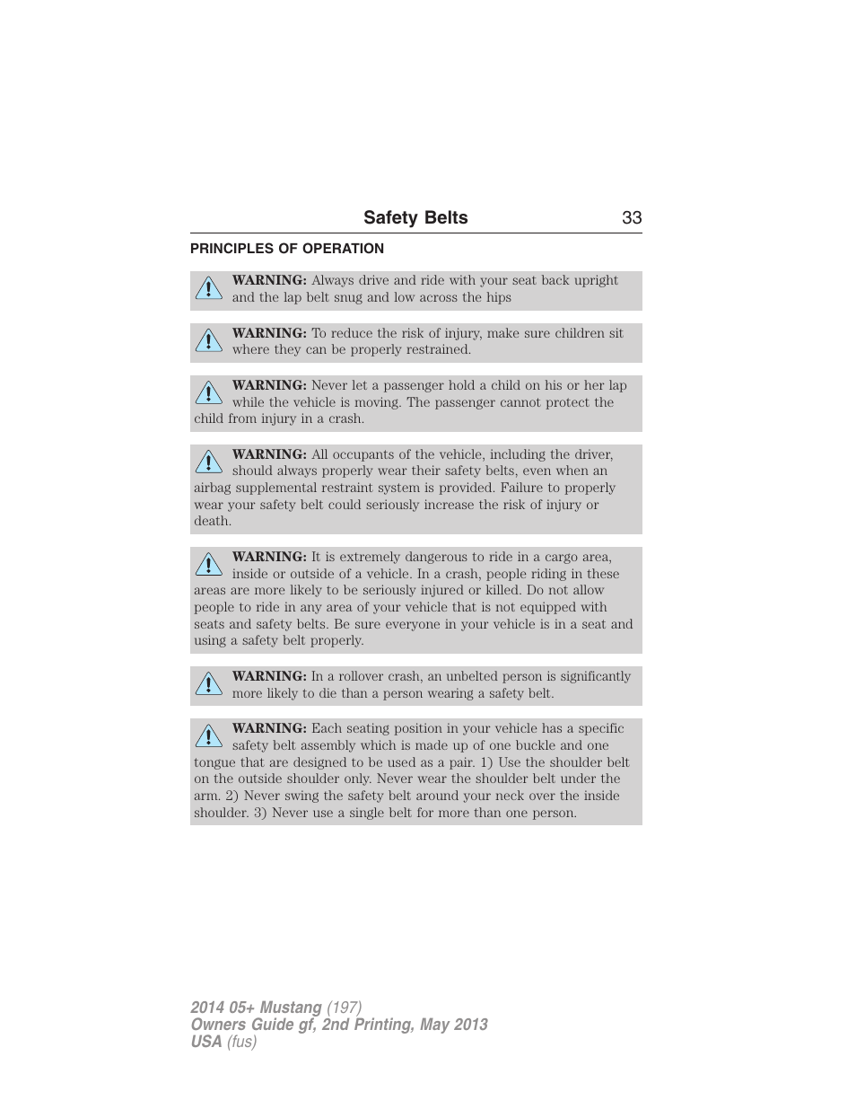 Safety belts, Principles of operation, Safety belts 33 | FORD 2014 Mustang v.2 User Manual | Page 34 / 455