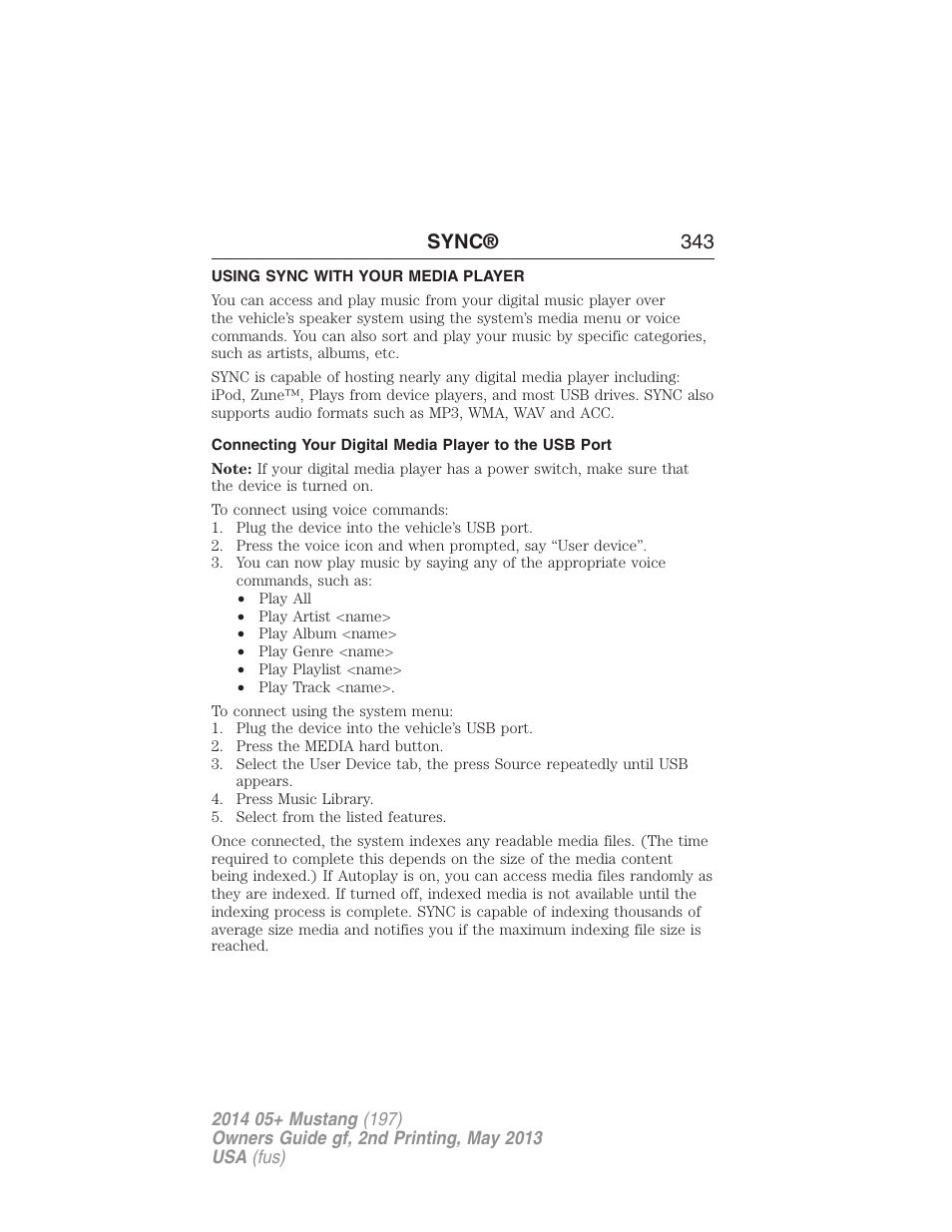 Using sync with your media player, Sync® 343 | FORD 2014 Mustang v.2 User Manual | Page 344 / 455