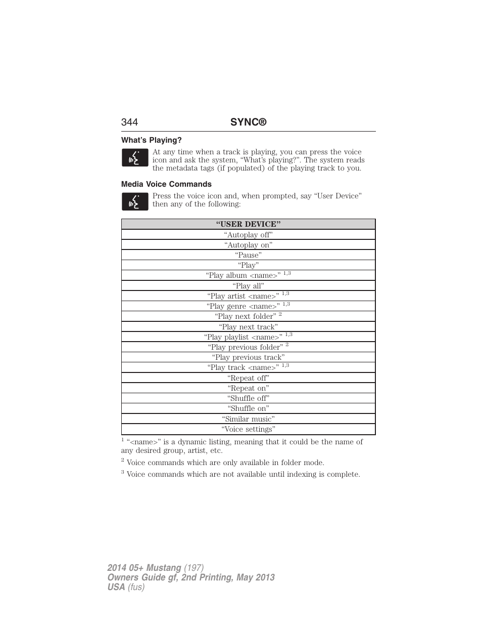 What’s playing, Media voice commands, 344 sync | FORD 2014 Mustang v.2 User Manual | Page 345 / 455