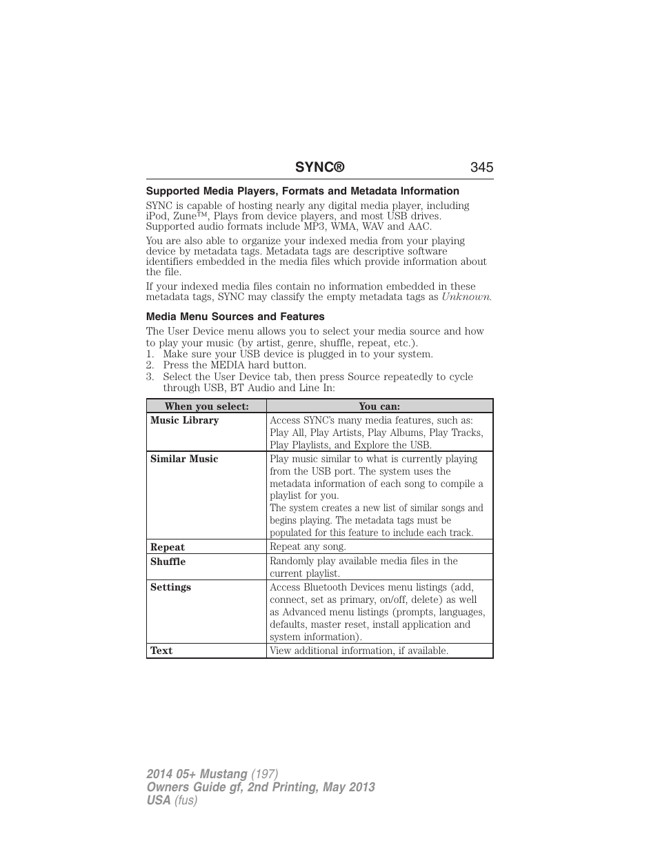 Media menu sources and features, Sync® 345 | FORD 2014 Mustang v.2 User Manual | Page 346 / 455