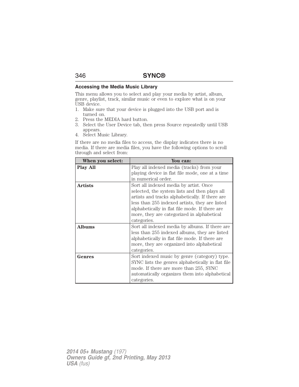 Accessing the media music library, 346 sync | FORD 2014 Mustang v.2 User Manual | Page 347 / 455