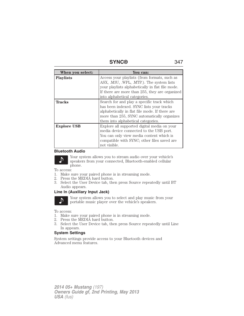 Bluetooth audio, Line in (auxiliary input jack), System settings | Sync® 347 | FORD 2014 Mustang v.2 User Manual | Page 348 / 455