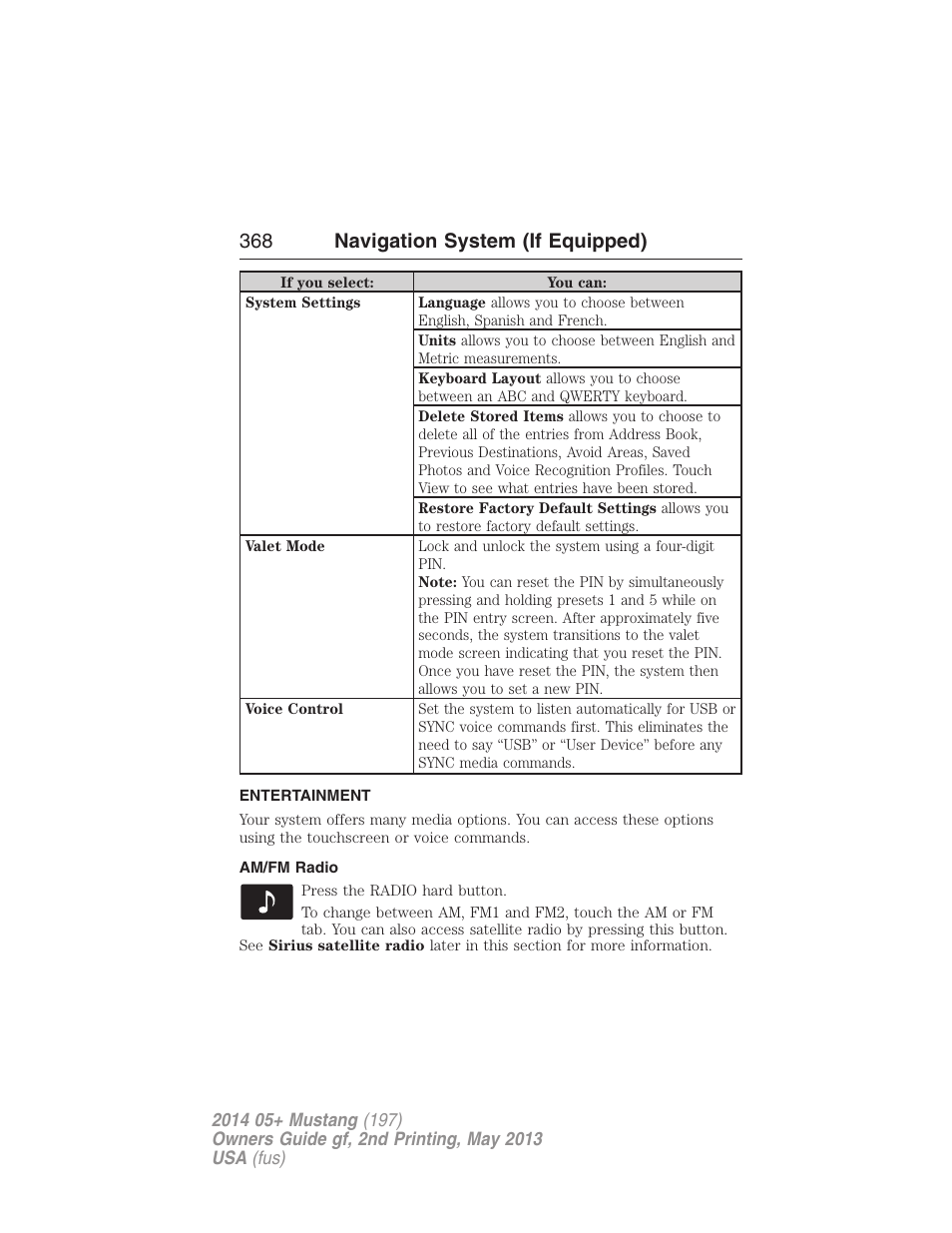 Entertainment, Am/fm radio, Accessing media features | 368 navigation system (if equipped) | FORD 2014 Mustang v.2 User Manual | Page 369 / 455