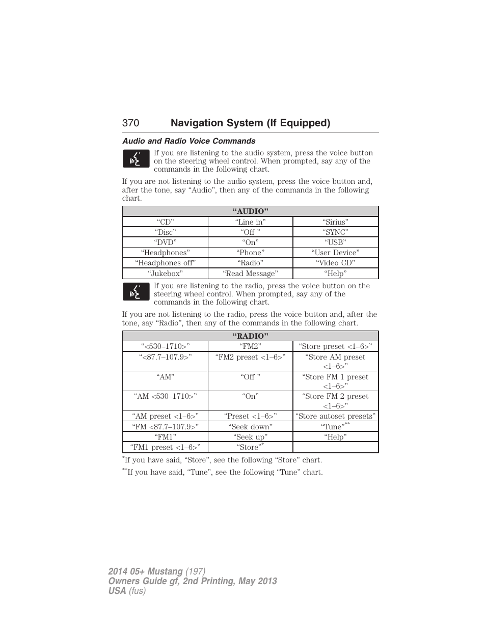 Audio and radio voice commands, 370 navigation system (if equipped) | FORD 2014 Mustang v.2 User Manual | Page 371 / 455