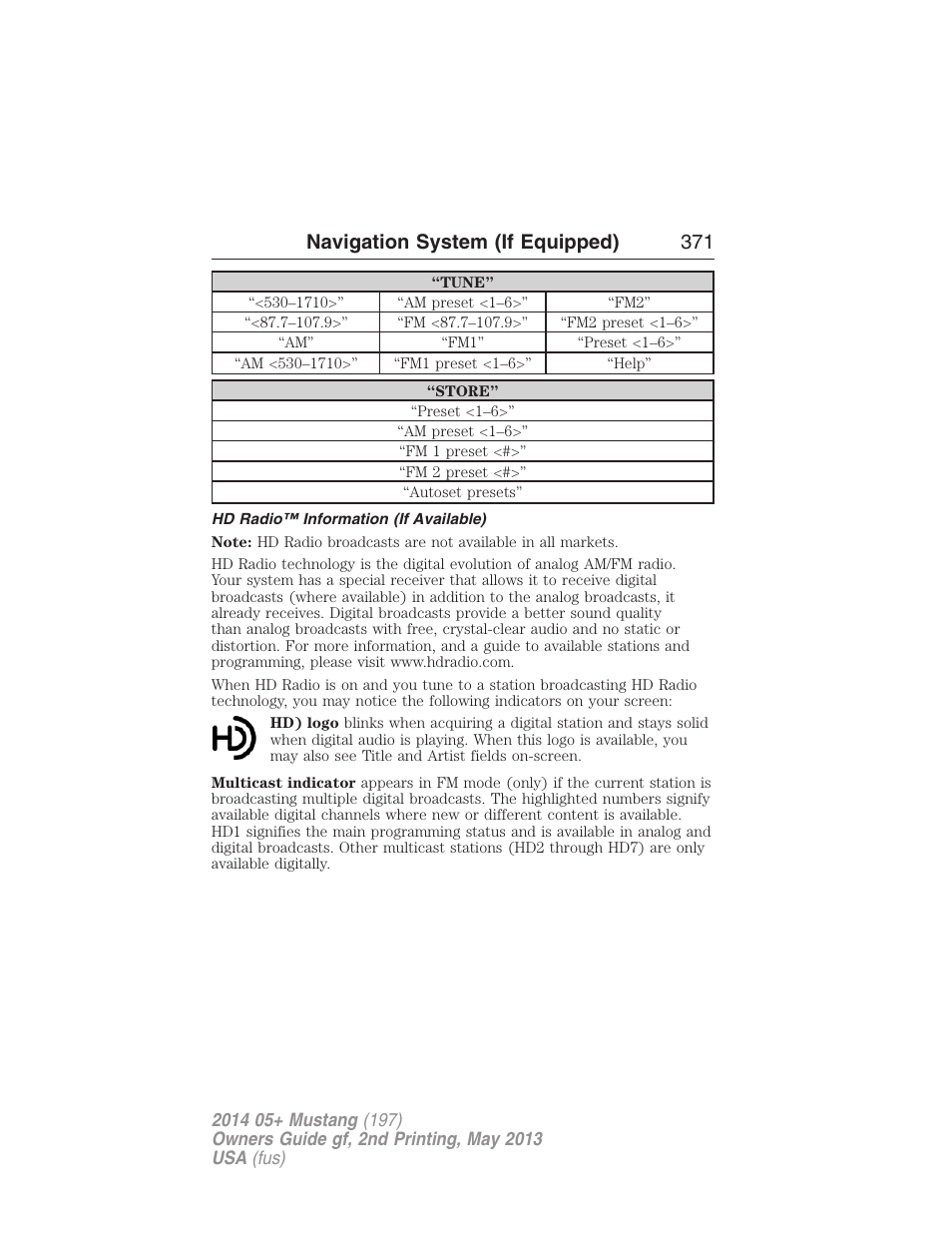 Hd radio™ information (if available), Navigation system (if equipped) 371 | FORD 2014 Mustang v.2 User Manual | Page 372 / 455