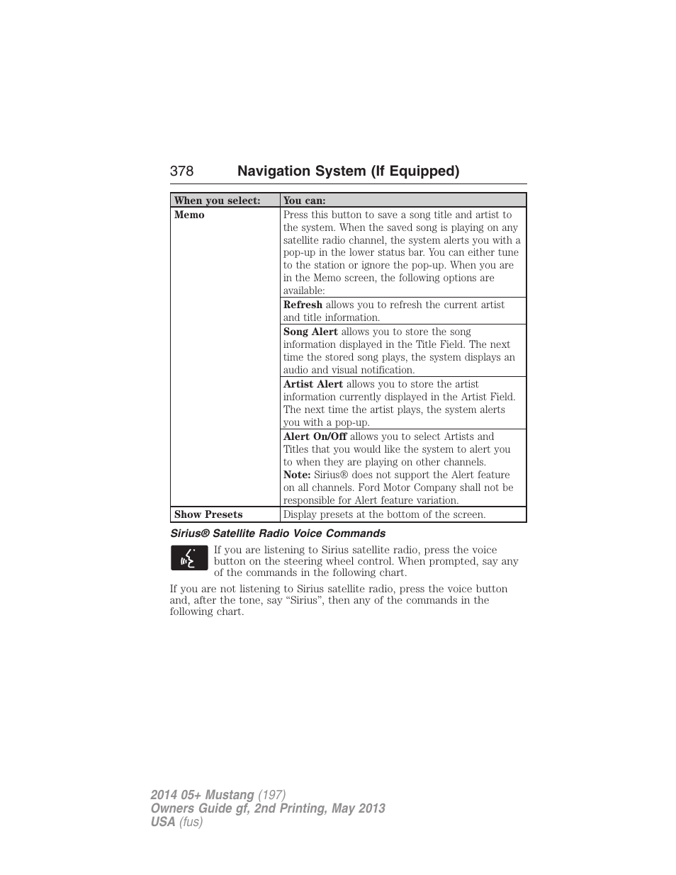 Sirius® satellite radio voice commands, 378 navigation system (if equipped) | FORD 2014 Mustang v.2 User Manual | Page 379 / 455