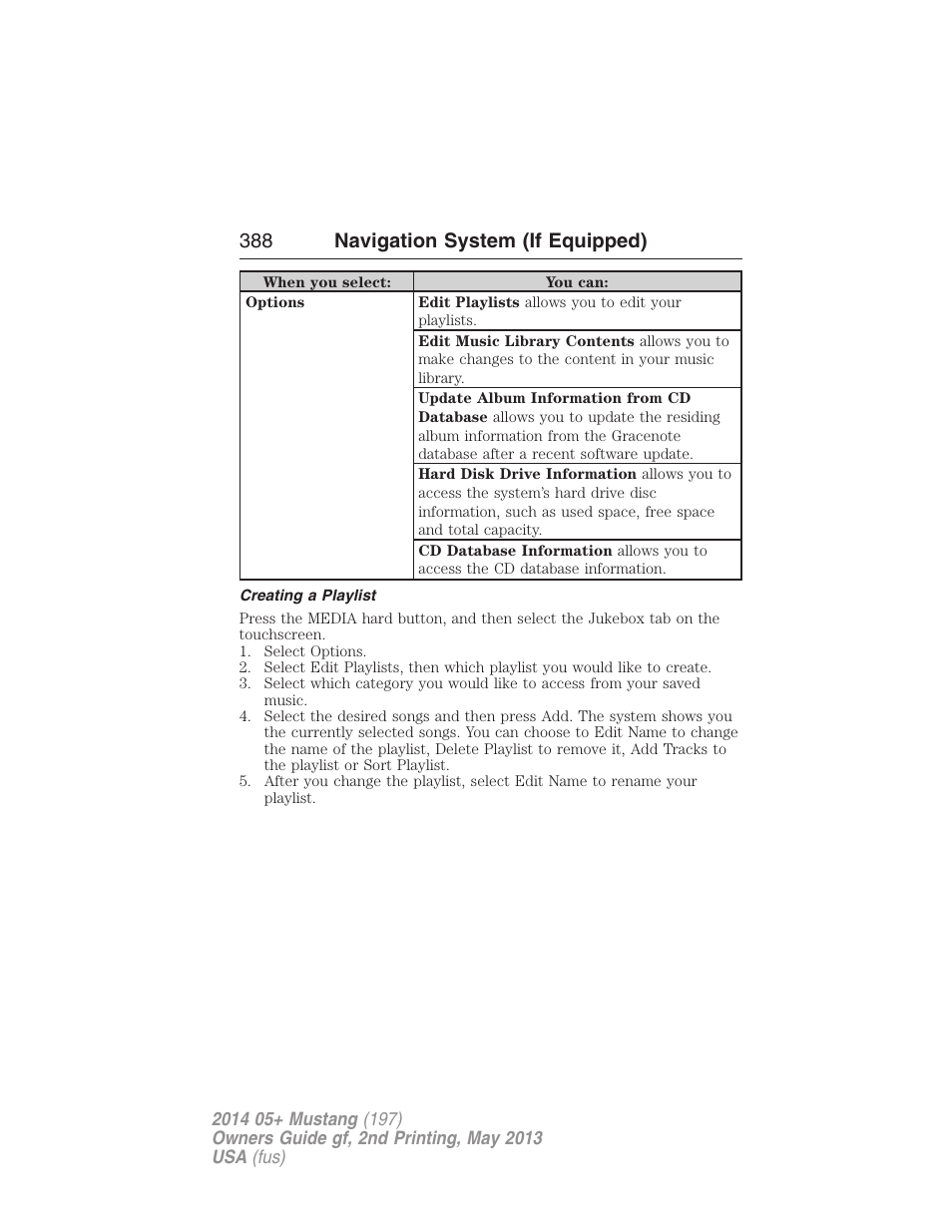 Creating a playlist, 388 navigation system (if equipped) | FORD 2014 Mustang v.2 User Manual | Page 389 / 455