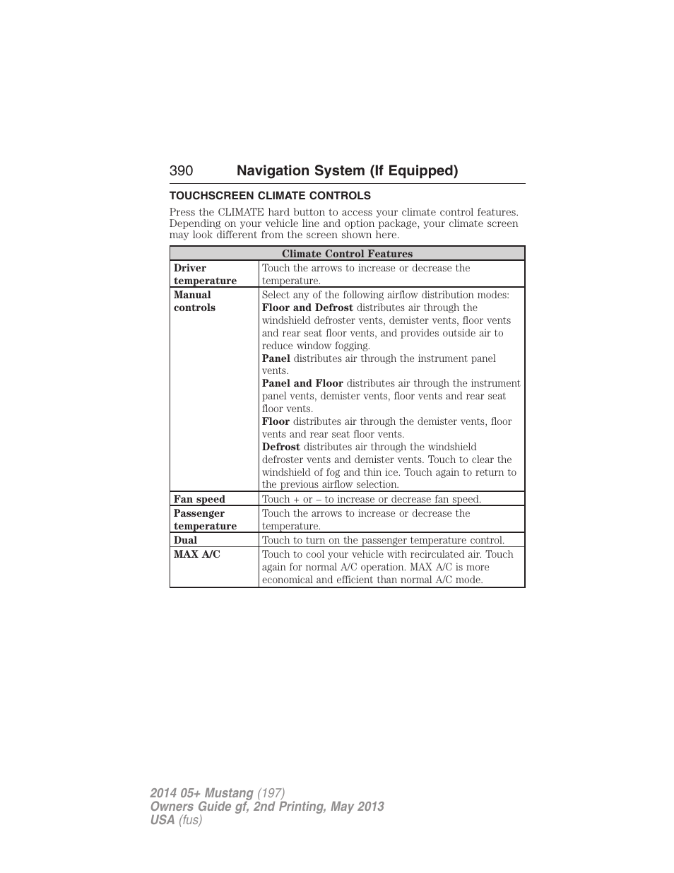 Touchscreen climate controls, 390 navigation system (if equipped) | FORD 2014 Mustang v.2 User Manual | Page 391 / 455