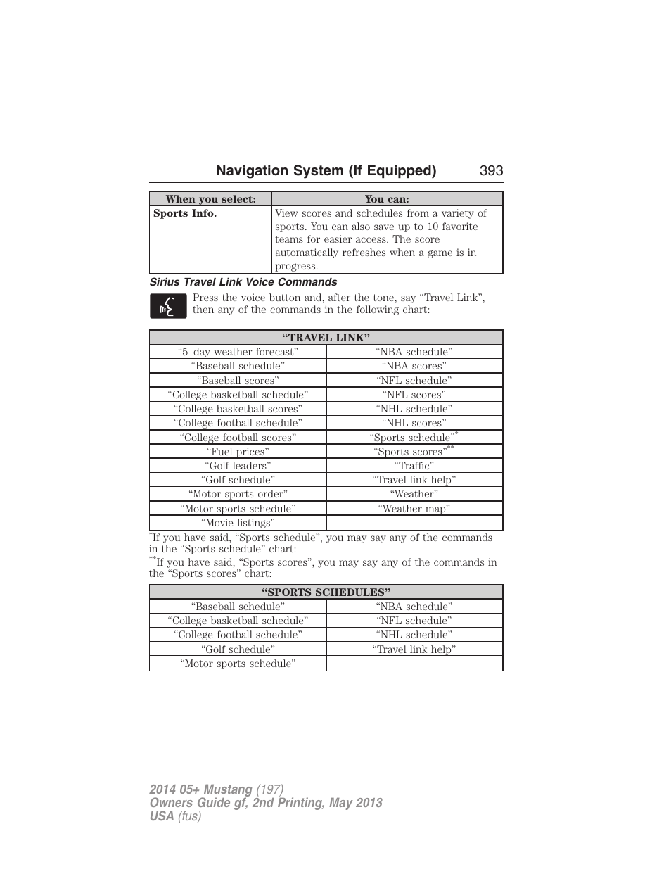 Sirius travel link voice commands, Navigation system (if equipped) 393 | FORD 2014 Mustang v.2 User Manual | Page 394 / 455